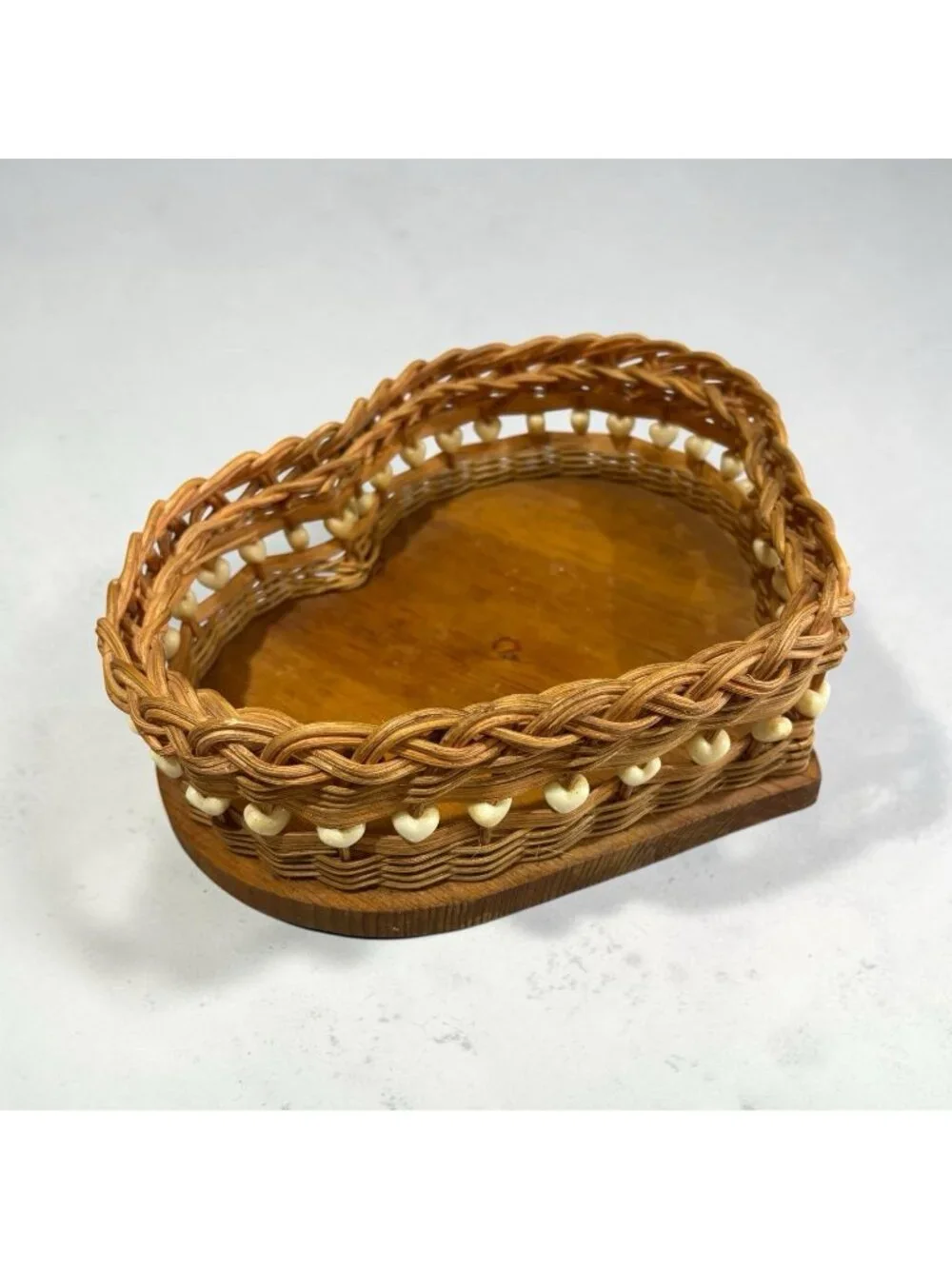 Vintage Basket Heart Woven Beaded 90s Cottagecore Decor Accent Grannycore